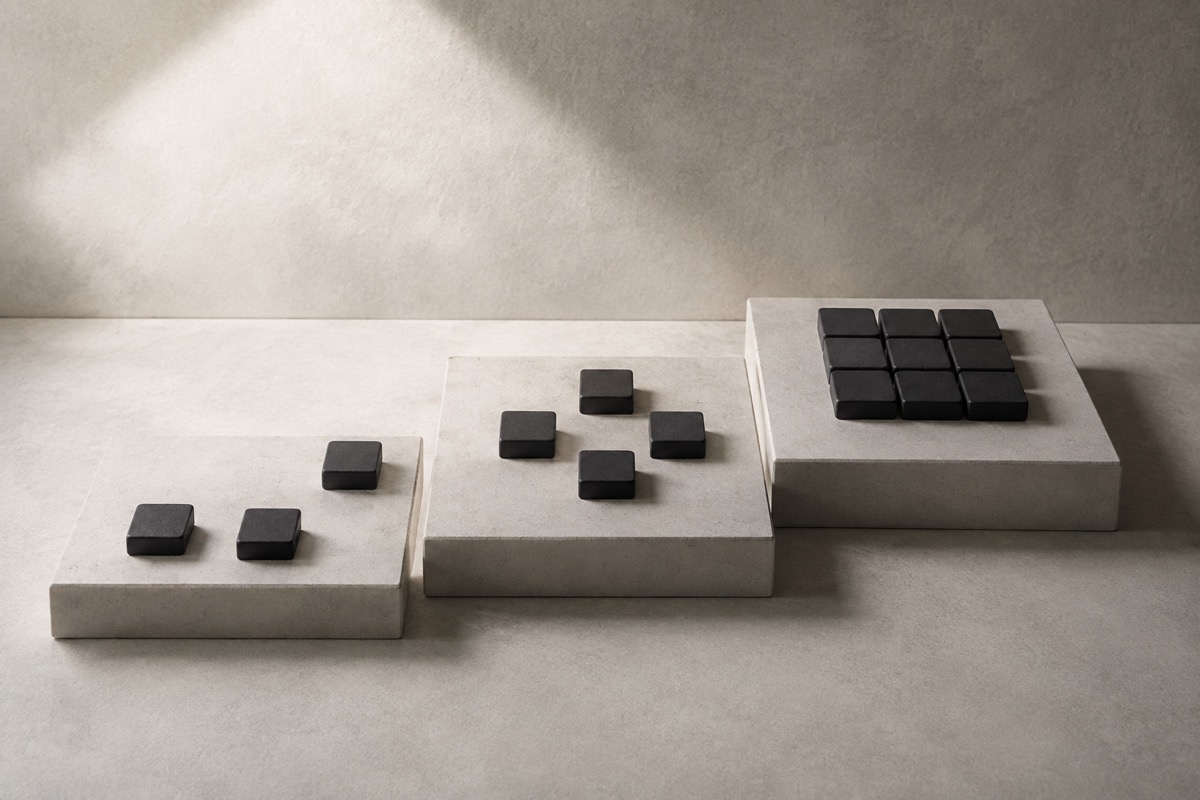 Charcoal square blocks become more ordered across three ascending pale stone platforms.